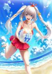  1girl absurdres ball beach beachball blue_eyes blue_sky breasts cleavage cloud collarbone dutch_angle fate/grand_order fate_(series) from_below fujifuji924 highres large_breasts long_hair looking_at_viewer marie_antoinette_(fate/grand_order) ocean open_mouth red_skirt sand sandals shell_hair_ornament shore silver_hair skirt sky smile solo standing standing_on_one_leg starfish_hair_ornament swimsuit swimsuit_skirt thighs twintails 