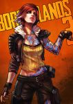  1girl absurdres arm_tattoo black_gloves borderlands borderlands_3 breasts cleavage clenched_hand commentary copyright_name english_commentary fingerless_gloves fist_bump gloves highres lilith_(borderlands) lipstick makeup medium_breasts mole monori_rogue multicolored_hair orange_background pants red_hair short_hair shoulder_armor siren_(borderlands) solo streaked_hair tattoo thigh_pouch two-tone_hair white_hair yellow_eyes 