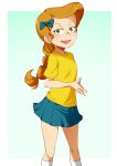  1girl blue_background blue_skirt bow braid brown_hair character_request green_eyes hair_bow hands_together highres jcm2 kneehighs long_hair miniskirt open_mouth ponytail ribbon shirt simple_background skirt smile solo the_loud_house white_legwear yellow_shirt 