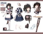  1girl ac130 ahoge alternate_costume apron armband bag bangs black_hair chibi commentary_request crutch dress eyebrows_visible_through_hair girls_frontline gloves gsh-18_(girls_frontline) hair_ornament hat highres long_hair nurse nurse_cap open_mouth red_eyes short_sleeves side_ponytail sidelocks white_apron white_background white_gloves white_legwear 