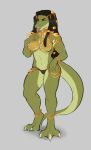  2019 alligator anthro breasts clothing cosmicminerals crocodilian dreadlocks female hi_res ikshun jewelry looking_at_viewer reptile scalie smile solo standing tongue tongue_out underwear 