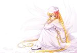 1girl bangs bare_shoulders blonde_hair blue_eyes bow commentary dress english_commentary eyebrows_visible_through_hair fairy_wings full_body hat hat_bow hater_(hatater) highres knees_up lily_white long_hair long_sleeves off_shoulder petals red_bow simple_background sitting solo touhou very_long_hair white_background white_dress white_headwear wide_sleeves wings 