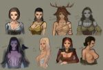  6girls 8girls alva antlers armband bird black_hair blonde_hair breasts breton brown_hair camilla_valerius cleavage crow daedra dark_skin dress dunmer forsworn forsworn_briarheart hood hoodie imperial jenassa jewelry jordis_the_sword_maiden large_breasts looking_at_viewer midriff mikazukishigure necklace nipples nocturnal nord pointy_ears purple_skin red_eyes scar serana smile take_your_pick the_elder_scrolls the_elder_scrolls_v:_skyrim topless undressing vampire ysolda 