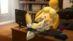  16:9 3d_(artwork) 4k absurd_res animal_crossing anthro balls blush canid canine canis chair clothed clothing desk digital_media_(artwork) disembodied_hand disembodied_penis domestic_dog duo female fur hi_res isabelle_(animal_crossing) leg_grab lying male male/female mammal monitor nintendo no_underwear on_back open_mouth owo_sfm penetration penis pussy sex shirt skirt solo_focus vaginal vaginal_penetration video_games yellow_fur 
