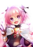  1boy :d akaashigame astolfo_(fate) bangs black_bow bow cape commentary_request dot_nose eyebrows_visible_through_hair fang fate/grand_order fate_(series) fur_collar gauntlets hair_between_eyes hair_bow hair_intakes highres leaf long_hair looking_at_viewer male_focus open_mouth pink_hair purple_eyes simple_background smile solo trap upper_body white_background 