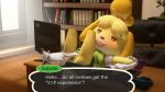  16:9 3d_(artwork) 4k absurd_res ambiguous_gender animal_crossing anthro bedroom_eyes blush canid canine canis chair clothed clothing desk dialogue digital_media_(artwork) disembodied_hand domestic_dog duo english_text female female/ambiguous fur half-closed_eyes hi_res isabelle_(animal_crossing) lying mammal monitor nintendo on_back open_mouth owo_sfm panties seductive shirt skirt smile solo_focus text underwear video_games yellow_fur 