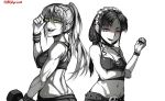  2girls back-to-back belt biceps black_hole black_hole-sensei borrowed_design breasts choker collarbone commentary danielle_brindle dumbbell ear_piercing english_commentary fangs gesugao greyscale groin hair_ornament hairclip half-closed_eyes highres lipstick long_hair looking_at_viewer low_twintails m87_black_hole maid_headdress makeup medium_breasts midriff mole mole_under_eye monochrome multiple_girls navel original personification piercing ponytail raised_eyebrow red_eyes shaded_face skull small_breasts sports_bra spot_color standing studded_belt studded_bracelet sweat toned twintails white_background yellow_eyes 