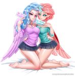  2019 alternate_species barefoot blue_eyes blue_hair clothed clothing colored_nails digital_media_(artwork) duo english_text eyelashes feathered_wings feathers feet female friendship_is_magic hair holding_object horn horned_humanoid humanoid humanoidized insect_wings jewelry long_hair looking_at_viewer my_little_pony necklace ocellus_(mlp) pink_hair purple_eyes racoon-kun shirt silverstream_(mlp) simple_background skirt smile text url winged_humanoid wings 