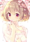  1girl absurdres bangs breasts cherry_blossoms closed_mouth collarbone commentary_request eyebrows_visible_through_hair flower hair_between_eyes hair_intakes hand_up hands_up highres holding holding_flower ikari_(aor3507) light_brown_hair long_sleeves original petals pink_flower puffy_long_sleeves puffy_sleeves red_eyes see-through see-through_sleeves shirt short_hair small_breasts smile solo tree_branch upper_body white_shirt 