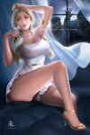  1girl artofrok blonde_hair blue_eyes breasts capcom clothes curtains dress full_body high_heels indoors jewelry katherine_warren long_hair looking_at_viewer medium_breasts night resident_evil resident_evil_2 shoes sitting twintails window zombie 