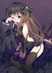  1girl absurdres arcaea bangs bare_shoulders between_legs black_bow black_legwear black_shirt black_sleeves blue_eyes blush bow brown_hair character_name commentary detached_sleeves eyebrows_visible_through_hair feet_out_of_frame garter_straps hair_between_eyes hair_bow hair_intakes hand_between_legs heart highres long_hair long_sleeves one_eye_closed parted_lips pleated_skirt purple_skirt rubbing_eyes shirt sketch skirt sleeveless sleeveless_shirt solo sparkle striped striped_bow symbol_commentary tandohark tears thighhighs very_long_hair wide_sleeves 