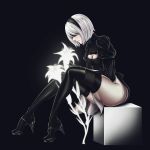  1girl android ass between_legs black_background black_hairband black_theme blindfold boots breasts cleavage cleavage_cutout flower hairband high_heel_boots high_heels highres huge_ass leotard looking_back nier_(series) nier_automata short_hair silver_hair sitting small_breasts solo thigh_boots thighhighs thong_leotard yorha_no._2_type_b 