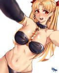  1girl absurdres bangs between_breasts bikini black_bikini blonde_hair blush breasts commentary_request dutch_angle earrings elbow_gloves ereshkigal_(fate/grand_order) fate/grand_order fate_(series) gloves gold_trim highres hoop_earrings infinity jewelry kisaragi_(legobionicle23) large_breasts long_hair navel open_mouth parted_bangs red_eyes signature skull solo swimsuit two_side_up upper_body white_background 