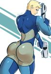  1boy ass blonde_hair blue_eyes bodysuit gasaiv genderswap genderswap_(ftm) gloves gun highres huge_ass looking_at_viewer looking_back male_focus metroid muscle nintendo samus_aran short_hair simple_background smile solo standing weapon 