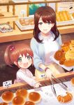  2girls :d bangs blue_jacket blurry blurry_background blush bread breasts brown_hair child collared_shirt commentary_request copyright_request croissant depth_of_field dress eyebrows_visible_through_hair food green_eyes hair_between_eyes hair_bobbles hair_ornament high_ponytail ichigo_seika indoors jacket long_hair long_sleeves multiple_girls official_art open_clothes open_jacket open_mouth outstretched_arm pink_dress pointing round_teeth shirt side_ponytail sign skirt sleeveless sleeveless_dress sleeves_past_wrists small_breasts smile teeth tongs upper_teeth white_shirt wooden_floor yellow_skirt 