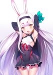  1girl animal_ears armpits arms_up azur_lane bangs bare_shoulders black_hairband black_skirt black_sleeves blush breasts bunny_ears covered_navel detached_sleeves eyebrows_visible_through_hair gluteal_fold hairband long_hair long_sleeves looking_at_viewer nekosama_shugyouchuu open_mouth orange_eyes shimakaze_(azur_lane) short_eyebrows sideboob simple_background skirt small_breasts solo standing thick_eyebrows upper_teeth very_long_hair white_background white_hair 