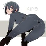  1girl ass belt black_hair blush breasts ettone formal green_eyes impossible_clothes kino kino_no_tabi looking_at_viewer looking_back short_hair small_breasts smile suit tomboy 