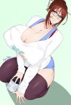  1girl breasts brown_eyes brown_hair cleavage curvy erect_nipples glasses highres huge_breasts kneeling mei_(overwatch) overwatch parted_lips smile solo thick_thighs thighhighs thighs wide_hips 