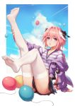  1boy artist_name ass astolfo_(fate) balloon bangs black_bow black_panties black_skirt blush bow braid commentary_request eyebrows_visible_through_hair fate/grand_order fate_(series) hair_between_eyes hair_bow hair_intakes highres jacket jewelry leg_up long_hair long_sleeves looking_at_viewer male_focus miniskirt mool_yueguang multicolored_hair necklace off_shoulder open_mouth panties pink_hair purple_eyes purple_jacket purple_shirt shirt single_braid skirt soles solo streaked_hair striped striped_shirt thighhighs trap two-tone_shirt underwear white_hair white_legwear white_shirt 