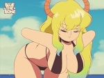  2019 4:3 animal_humanoid animated areola beach bent_over big_breasts bikini blonde_hair blue_hair bluethebone bra breasts cleavage closed clothed clothing dragon dragon_humanoid eyelashes female gradient_hair green_eyes green_hair hair horn horned_humanoid huge_breasts humanoid looking_at_viewer mammal miss_kobayashi&#039;s_dragon_maid multicolored_hair nipples not_furry quetzalcoatl_(dragon_maid) retro seaside smile solo swimsuit two_tone_hair underwear undressing vhs 