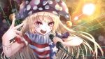  +_+ 1girl absurdres american_flag_shirt arm_up blonde_hair blurry bokeh bracelet clownpiece commentary_request dai_(yamii) depth_of_field facial_tattoo fingernails hand_gesture hat highres holding holding_microphone jester_cap jewelry laser long_hair looking_at_viewer microphone neck_ruff open_mouth polka_dot_hat red_eyes shiny shiny_hair short_sleeves solo stage_lights standing tattoo touhou upper_body upper_teeth very_long_hair 