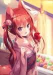  1girl :d animal_ear_fluff animal_ears bangs blurry blurry_background blush candy_apple collarbone commentary_request depth_of_field eyebrows_visible_through_hair flat_chest floral_print food fox_ears fox_girl fox_mask fox_tail hair_between_eyes hands_up highres holding holding_food hoshi_(snacherubi) japanese_clothes kimono long_hair long_sleeves looking_at_viewer mask mask_on_head obi open_mouth original outdoors pinching_sleeves pink_kimono print_kimono red_eyes red_hair sash sleeves_past_wrists smile solo standing tail twintails wide_sleeves 