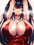  1girl armpits arms_behind_head azur_lane bangs bare_shoulders black_hair blush breasts choker cleavage cocktail_dress collarbone crossed_bangs cube_(circussion) dress eyebrows_visible_through_hair hair_between_eyes heavy_breathing huge_breasts long_hair looking_at_viewer open_mouth red_choker red_dress red_eyes shiny shiny_hair shiny_skin smile solo taihou_(forbidden_feast)_(azur_lane) very_long_hair 
