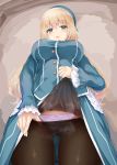  1girl :d aqua_eyes atago_(kantai_collection) bangs black_legwear blonde_hair blue_headwear blue_jacket blue_skirt blush breasts clothes_lift eyebrows_visible_through_hair frilled_sleeves frills from_below gluteal_fold jacket kantai_collection large_breasts lifted_by_self long_hair long_sleeves looking_at_viewer oonaka_ito open_mouth panties panties_under_pantyhose pantyhose pantyhose_pull showgirl_skirt skirt smile solo steaming_body underwear white_panties 