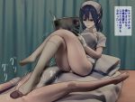  1boy 1girl age_difference blue_hair breasts femdom footjob frown glaring highres long_hair nurse solo user_ykpk7342 