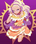  1girl amamiya_erena bare_shoulders blonde_hair choker circlet commentary covered_navel cure_soleil dark_skin dress highres long_hair looking_at_viewer mole mole_under_eye orange_dress ponytail pouch precure purple_choker purple_earrings purple_eyes smile solo star_twinkle_precure strap_pull uganda very_long_hair 