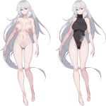  1girl arms_at_sides asymmetrical_bangs bangs bare_legs bare_shoulders barefoot blue_eyes braid breasts character_sheet colored_pubic_hair covered_navel french_braid full_body girls_frontline gluteal_fold highleg highleg_leotard highres ksvk_(girls_frontline) large_breasts leotard long_hair mole_on_body navel nipples pandea_work parted_lips pubic_hair silver_hair simple_background single_sidelock standing turtleneck very_long_hair white_background 