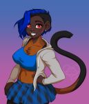  2018 anthro big_breasts black_fur black_hair blue_hair bra breasts capuchin_monkey cel_shading chest_tuft clothed clothing dark_skin digital_media_(artwork) ear_piercing ear_ring eve_mbweni eyebrow_piercing eyebrows eyelashes facial_piercing female fingers fur hair hi_res hoodie humanoid_hands kittydee looking_at_viewer mammal midriff monkey multicolored_fur multicolored_hair nails navel nose_piercing nose_ring orange_fur piercing portrait primate red_eyes shaded short_hair signature simple_background skirt smile solo sports_bra standing teeth three-quarter_portrait tuft two_tone_hair underwear 