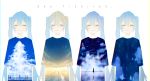  absurdres artist_self-reference blue_hair cloud cloudy_sky commentary eyes_closed hatsune_miku highres lamppost light_blush long_hair night night_sky re_eva reflection shirt sky smile star_(sky) starry_sky sunrise t-shirt twintails upper_body variations very_long_hair vocaloid white_background 