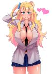  1girl absurdres arms_behind_back between_breasts blonde_hair blue_eyes blush breasts buttons cleavage closed_mouth collared_shirt earrings embarrassed galko hair_bun hand_behind_head heart highres jewelry large_breasts long_hair looking_at_viewer miniskirt necktie no_bra open_clothes open_shirt oshiete!_galko-chan scrunchie shirt side_ponytail simple_background skirt solo standing tan the_only_shoe thick_thighs thighs wavy_hair white_shirt 