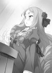  blush cheat_kushushi_no_slow_life drill_hair flower greyscale hair_flower hair_ornament highres long_hair long_sleeves looking_to_the_side matsuuni monochrome motion_lines novel_illustration puffy_long_sleeves puffy_sleeves slapping solo standing sweatdrop symbol-shaped_pupils thick_eyebrows very_long_hair 