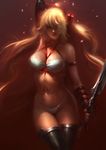  agnidevi ayumi_(x-blades) bare_shoulders blonde_hair breasts dark_skin dual_wielding gloves gunblade holding large_breasts long_hair markings panties realistic solo tattoo thong tri_tails twintails underwear very_long_hair weapon x-blades 