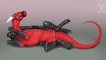  2019 bdsm bondage bound digital_media_(artwork) dragon feral horn hueroc lying on_side pinkdragonlove red_scales scales simple_background solo tongue yellow_eyes 