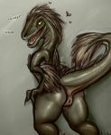  &lt;3 2019 anthro anus biped dinosaur dromaeosaurid female feral hi_res looking_back nude open_mouth presenting pussy reptile scalie seductive simple_background slit_pupils smile snowyfeline sound_effects standing teeth theropod tongue yellow_eyes 