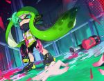  1girl amatcha bangs black_footwear black_shirt black_shorts blunt_bangs brainwashing commentary domino_mask dutch_angle evil_grin evil_smile green_hair grin headgear hero_shot_(splatoon) holding holding_weapon inkling light_particles long_sleeves mask octoshot_(splatoon) paint_splatter pov shirt shoes shorts smile solo_focus splatoon splatoon_(series) splatoon_2 splatoon_2:_octo_expansion squidbeak_splatoon tentacle_hair v-shaped_eyebrows vest weapon yellow_vest 