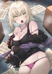  1girl absurdres ahoge black_dress box bra breasts cleavage commentary_request dress eyebrows_visible_through_hair fate/grand_order fate_(series) fur_trim highres itohana jeanne_d&#039;arc_(alter)_(fate) jeanne_d&#039;arc_(fate)_(all) large_breasts on_floor open_mouth pages panties pink_bra pink_panties short_hair silver_hair solo tile_floor tiles underwear wicked_dragon_witch_ver._shinjuku_1999 yellow_eyes 