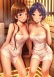  2girls :d arm_support bangs bare_arms bare_shoulders blue_hair blush breasts brown_eyes brown_hair cleavage collarbone eyebrows_visible_through_hair hayami_kanade highres idolmaster idolmaster_cinderella_girls indoors leaning_to_the_side long_hair looking_at_viewer medium_breasts multiple_girls naked_towel nazu-na nitta_minami open_mouth parted_bangs parted_lips sauna shiny shiny_skin short_hair sitting smile sweat swept_bangs towel wet yellow_eyes 