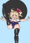  1girl black_legwear blonde_hair blue_background blush_stickers buruma fangs from_below looking_at_viewer mersoleil03 navel open_mouth red_eyes rumia shirt short_sleeves side_ponytail smile soles solo thighhighs thighs tongue touhou upper_teeth white_shirt 