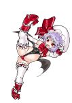  1girl bare_shoulders bat_wings elbow_gloves eyebrows_visible_through_hair fang full_body gloves hat high_heels mersoleil03 navel open_mouth purple_hair red_eyes remilia_scarlet revealing_clothes simple_background solo spread_legs thighhighs tongue touhou white_background white_gloves white_legwear wings 