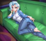  2019 alternate_species barefoot blue_hair clothed clothing colored_nails digital_media_(artwork) eyelashes feet female friendship_is_magic fully_clothed hair horn horned_humanoid humanoid humanoidized jacket lying my_little_pony on_side pants purple_eyes racoon-kun shirt smile sofa solo trixie_(mlp) 