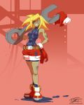  1girl belt blonde_hair capcom cowboy_shot eric_toner eyes_closed female gloves grease hand_on_hip highres holding_wrench long_hair red_shorts rockman rockman_dash roll_caskett short_sleeves shorts smile solo tools 