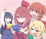  4girls :3 black_hair blonde_hair blue_eyes bow brown_hair copyright_name eyebrows_visible_through_hair fang flower green_eyes hair_bow hair_flower hair_ornament hair_over_one_eye handheld_game_console himesaka_noa holding hoshino_hinata hoshino_miyako_(wataten) jacket koopa_troopa long_hair mario_kart multiple_girls nintendo_3ds orange_eyes orange_hair playing_games red_eyes school_uniform shirosaki_hana short_hair siblings side_ponytail simple_background sisters smug spoken_object sweatdrop track_jacket track_suit vincent_(hiyakuen) watashi_ni_tenshi_ga_maiorita! 