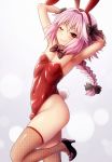  1boy alternate_costume animal_ears arms_behind_head astolfo_(fate) bare_shoulders blush bow bowtie braid bulge bunny_ears bunny_tail bunnysuit covered_navel fang fate/apocrypha fate/grand_order fate_(series) fishnet_legwear fishnets hair_bow high_heels highres long_hair looking_at_viewer male_focus one_eye_closed pantyhose pink_hair red_eyes red_legwear shimashima_salmon single_braid smile solo tail trap 