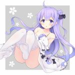  1girl ahoge azur_lane bangs black_bow black_ribbon blush bow collarbone dress eyebrows_visible_through_hair feet grey_background hair_bun hair_ribbon long_hair looking_at_viewer no_shoes object_hug one_side_up open_mouth purple_eyes purple_hair ribbon side_bun simple_background solo stuffed_alicorn stuffed_animal stuffed_toy stuffed_unicorn thighhighs unicorn_(azur_lane) very_long_hair white_dress white_legwear yamasan 