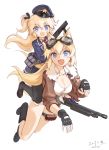  2girls animal_ears artist_name black_gloves black_legwear blonde_hair blue_eyes blue_skirt breasts cleavage collarbone dated dog_ears dog_tags eyebrows_visible_through_hair fang fingerless_gloves girls_frontline gloves goggles goggles_on_head gun hair_ribbon hat highres holding holding_gun holding_weapon jacket kisetsu large_breasts long_hair long_sleeves mossberg_500 mossberg_500_(girls_frontline) multiple_girls necktie open_clothes open_jacket open_mouth pantyhose peaked_cap pleated_skirt police_hat red_neckwear ribbon riding serbu_super-shorty shirt shorts shotgun signature simple_background skirt smile super_shorty_(girls_frontline) tied_shirt two_side_up weapon white_background white_shirt 