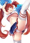  1girl armpits ass azur_lane bangs blush breasts brown_eyes cameltoe cheerleader commentary_request crop_top curly_hair eyebrows_visible_through_hair from_below groin highres holding_pom_poms honolulu_(azur_lane) irohasu large_breasts leg_up long_hair looking_at_viewer midriff multicolored multicolored_clothes navel no_bra open_mouth panties pleated_skirt pom_poms red_hair sidelocks simple_background skirt smile solo tearing_up thighhighs twintails underboob underwear very_long_hair white_background white_panties 